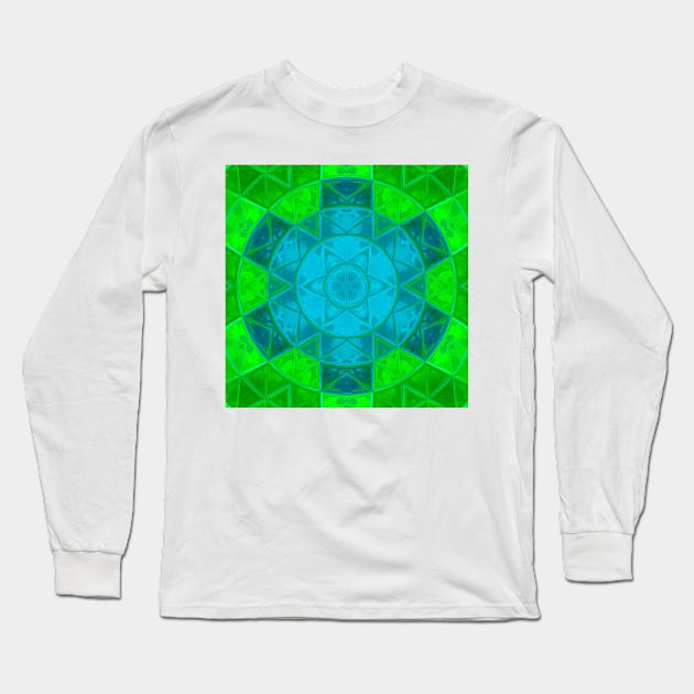 Mosaic Kaleidoscope Flower Green and Blue Long Sleeve T-Shirt by WormholeOrbital